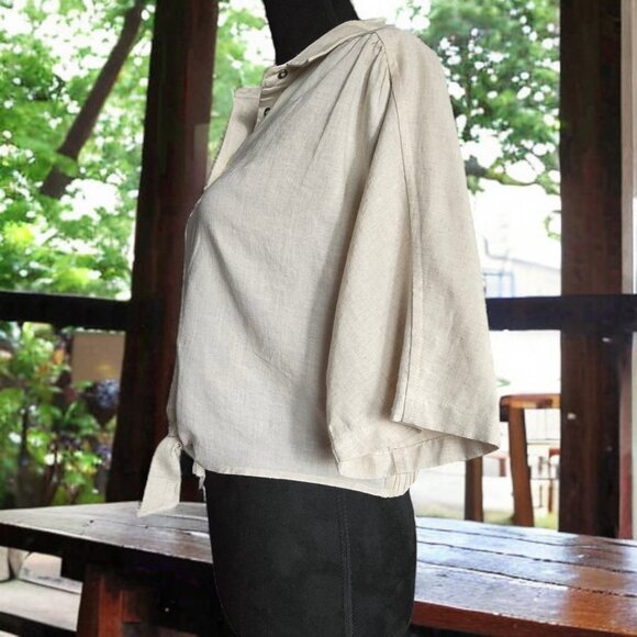 NWOT MOD REF ( S ) Collar Top Waist Tie Button Up Short Sleeve Cotton Linen Top - Picture 4 of 7